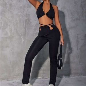 Tie Backless Halter Top & Ring Linked Cut Out Pants